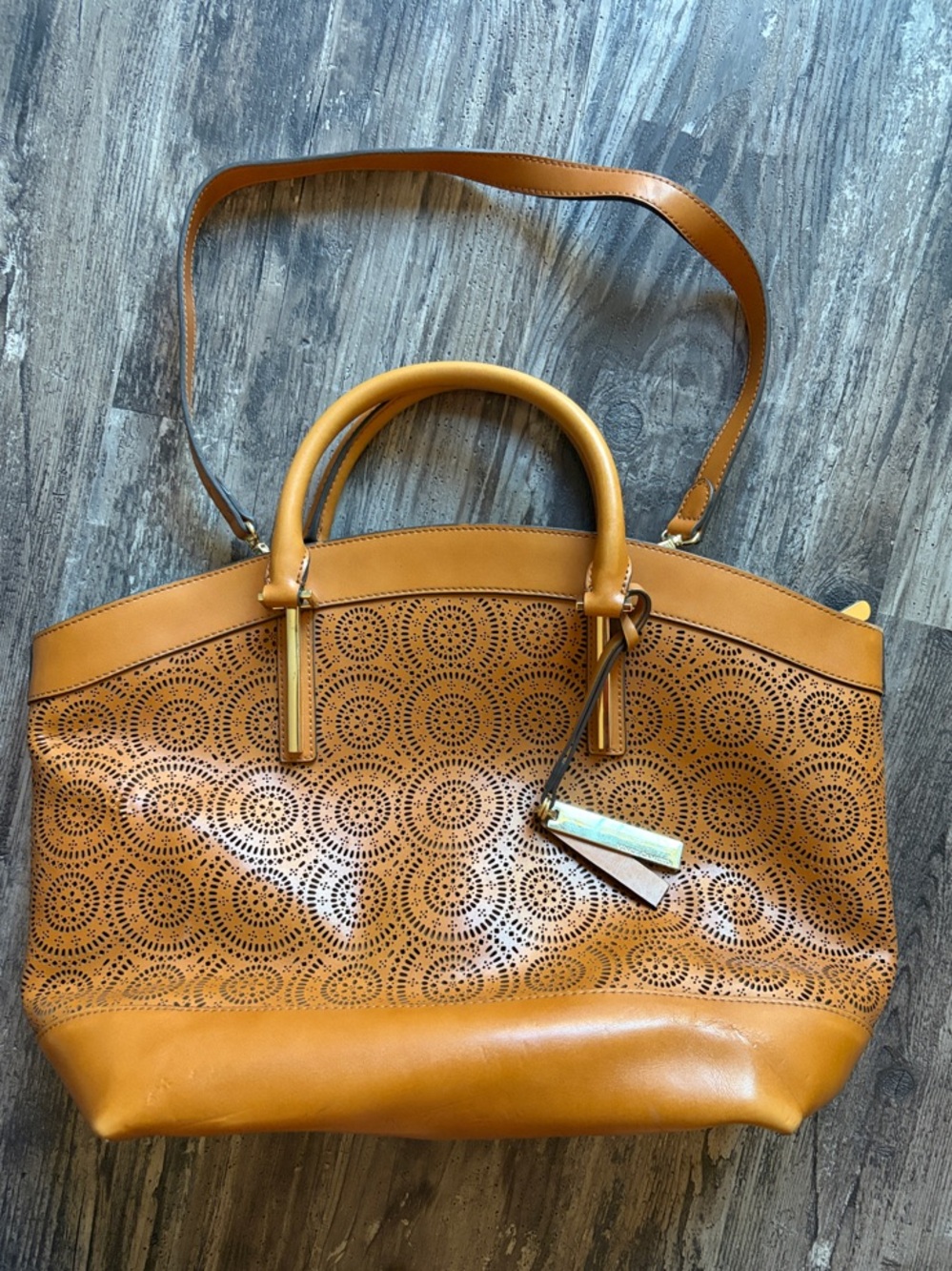 Vince Camuto Tan Laser-Cut Leather Tote with Top Handles